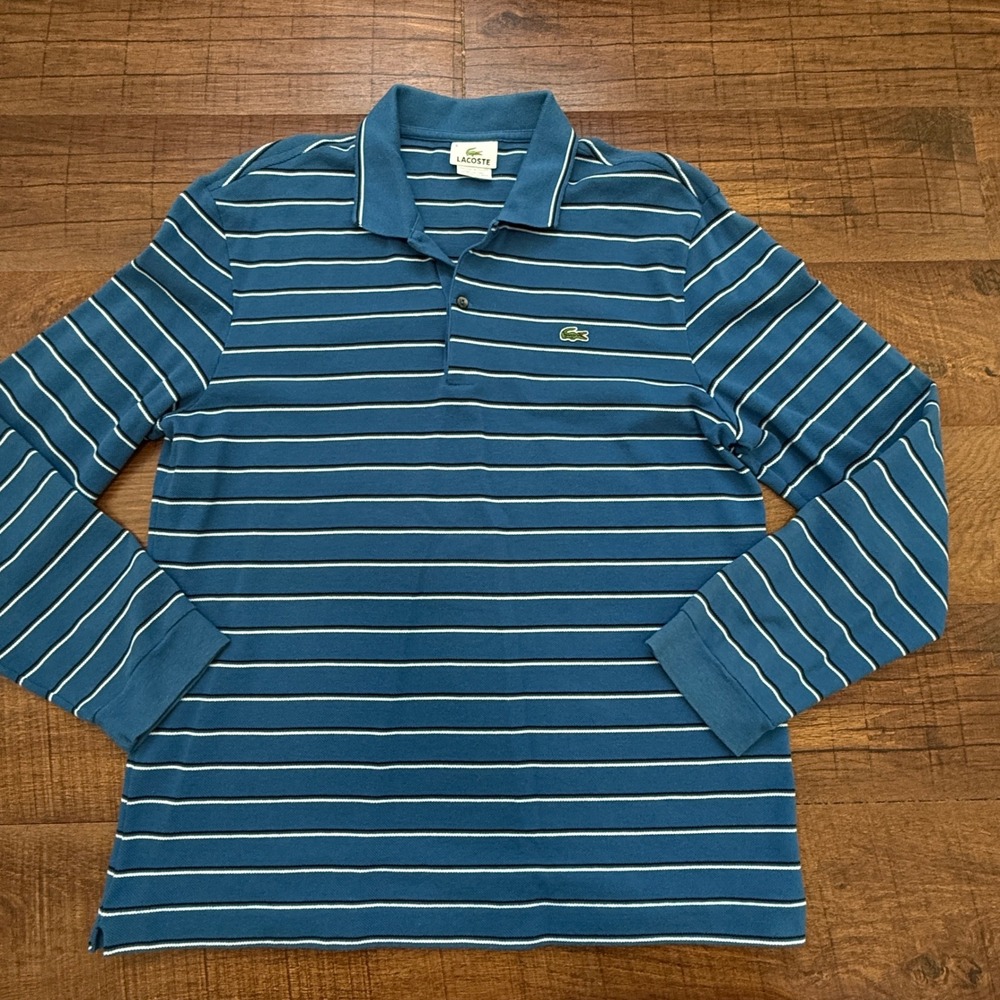 Lacoste Polo Shirt Men 5 Blue Striped Long Sleeve Pique Logo Preppy